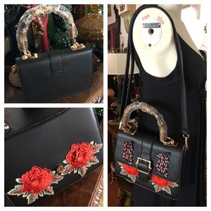 Vintage Rose Embroidered Black Bag